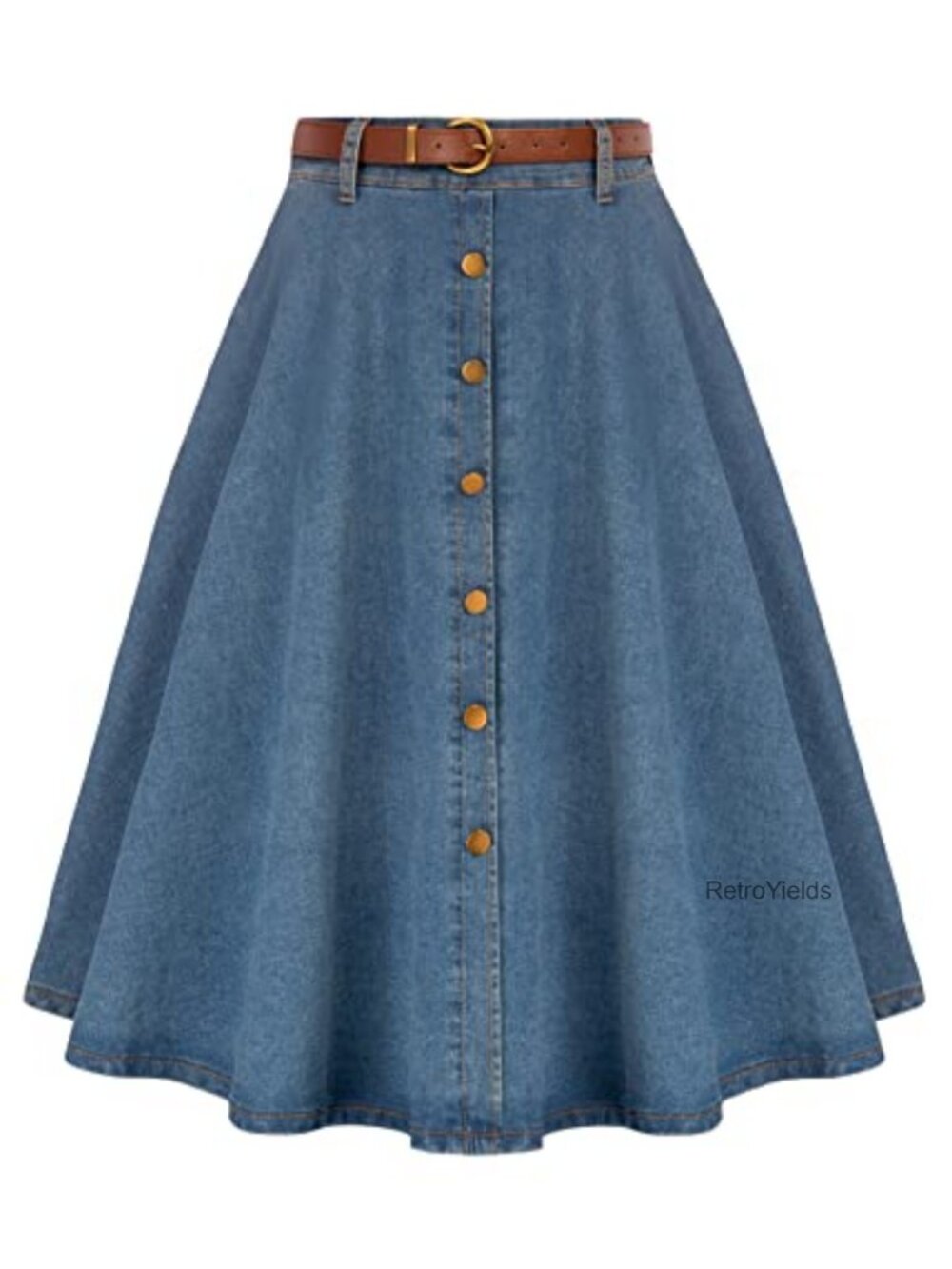 Vintage High Waist A-Line Denim Midi Skirt with Pockets